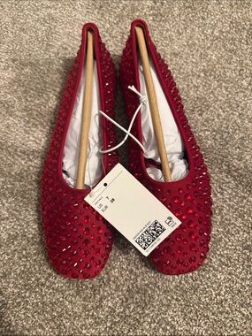 H&M Red Crystal-Studded Ballet Flats